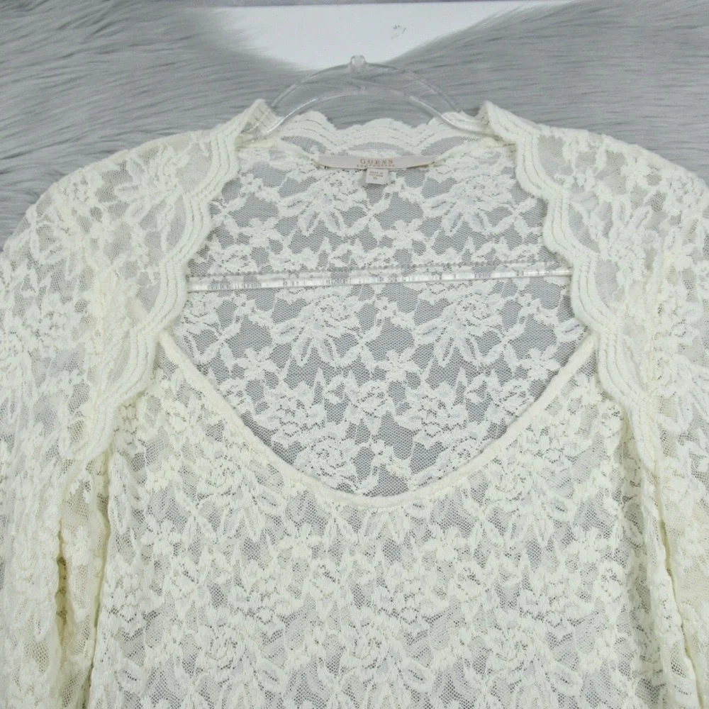 GUESS Ivory Lace Sweetheart Neck Long sleeve Sheer Blouse Women's Size XL